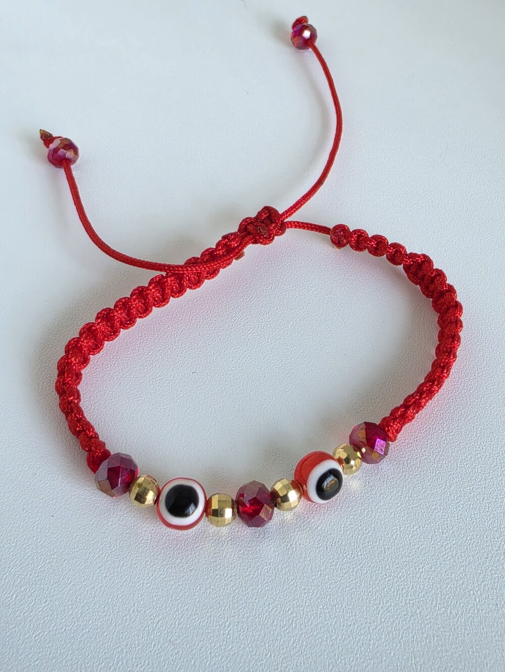 Handmade Red Evil Eye Adjustable Macrame Bracelet Gold Beads Protection Lucky